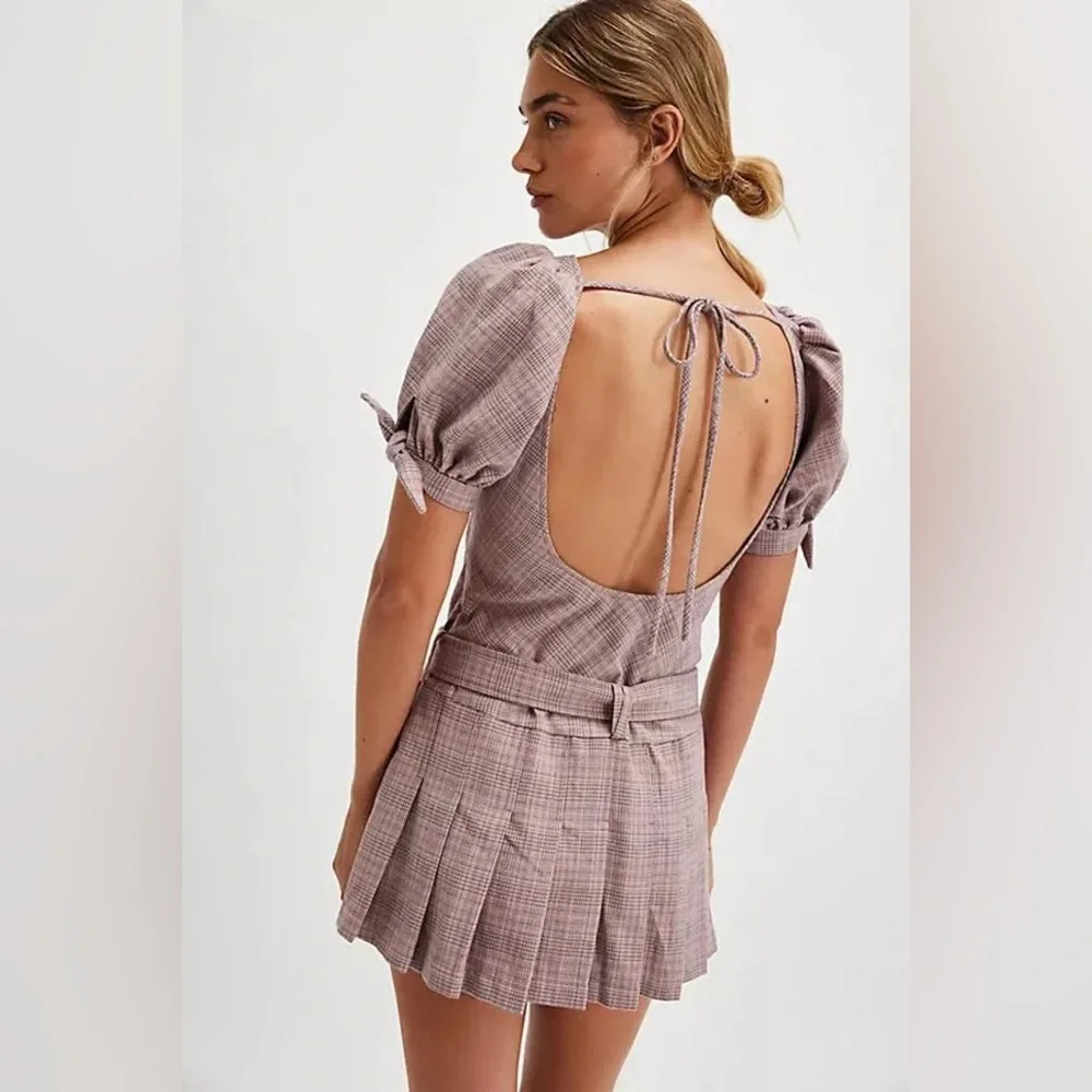 NWOT Free People Sevi Belted Plaid Pleated Mini Dress in Gray & Pink Combo